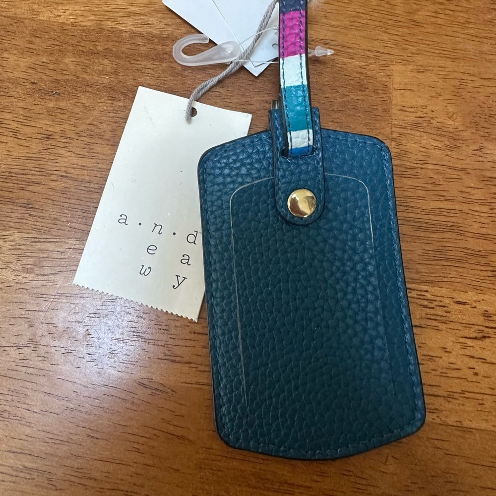 Teal Leather Luggage Tag with Multicolor Strap